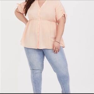 Torrid Blouse ORANGE PEACH CHALLIS TIE-SLEEVE short sleeve BABYDOLL TOP